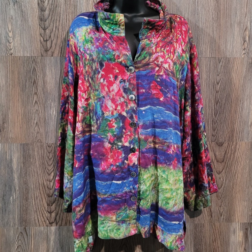 JOHN MARK Button Front Tunic 3X Multicolor Art to Wear 3/4 Sleeve Wire Collar